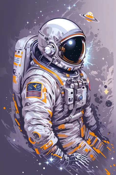 (best quality,realistic:1.2,ultra-detailed),(vector),(t-shirt print style),(astronaut),(graphic art),(white background),(realistic colors),(space scene),(vector image)