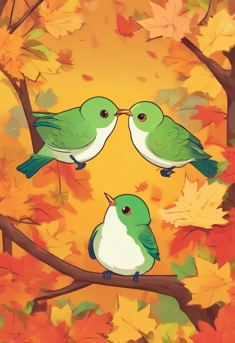 Two super cute green white-eye birds spread their wings and fly in the autumn maple leaves, maple red, flying birds, beautiful scenery, autumn, red maples flying, Bird long shot tracking photography