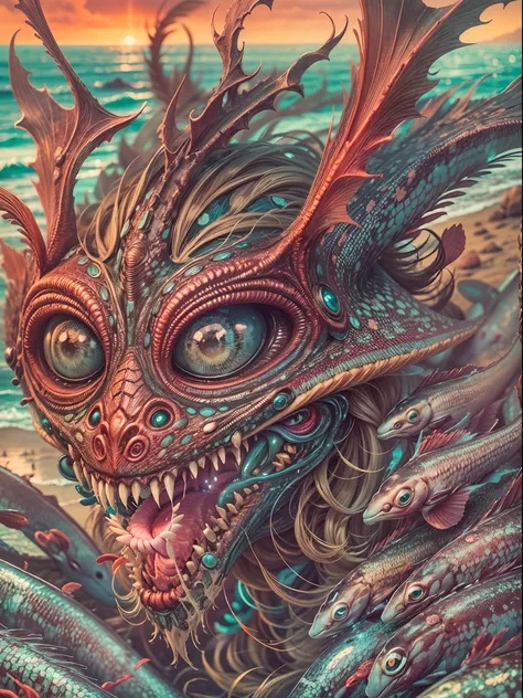 (best quality,alto,ultra-detalhado),Portrait of alien creature,tipo peixe,tamanho grande,paisagem da praia,sea of alien green water,cinco olhos brilhantes,dentes espetados,escamas escabrosa colorida,red skies,retrato,horror,artistas conceituais,vivid color...