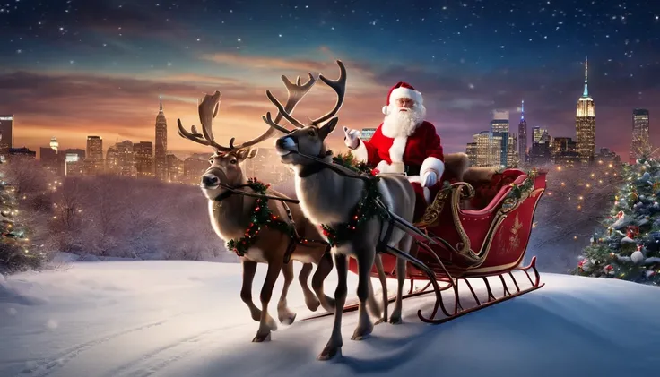 santa in sleigh with reindeer, front of sleigh looking at camera, new york city skyline in background at night