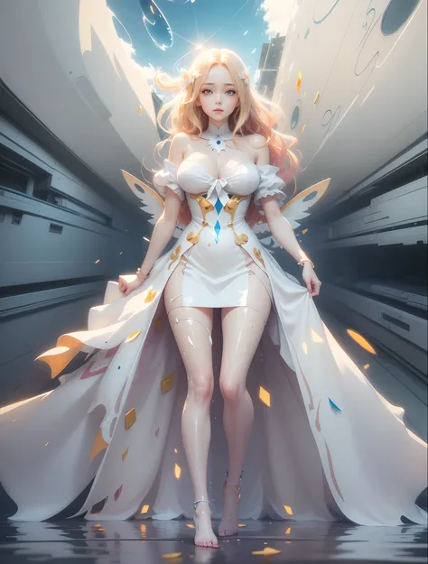 masterpiece, Splash art, colorful, colorful splash art, A painting with dripping and scattered paint, magician beautiful woman, full body, normal fingers, 24k resolution, professional model photoshoot wearing a mini dress and blouse, close-up of anime woma...