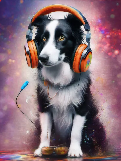 um cachorro Border Collie, pintura estilo 3D aquarela, DJ dog listening to music, cachorro DJ, imagem completa, High resolution high contrast (Foto realista:1.2), (Foto RAW, 8k UHD,