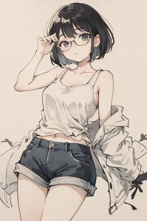 （tmasterpiece，best qualtiy：1.2），ink and watercolor painting，girl with、bob cuts、Im embarrassed、eye glasses、Contre-Jour、shortpants、Tank tops、Kamimei、