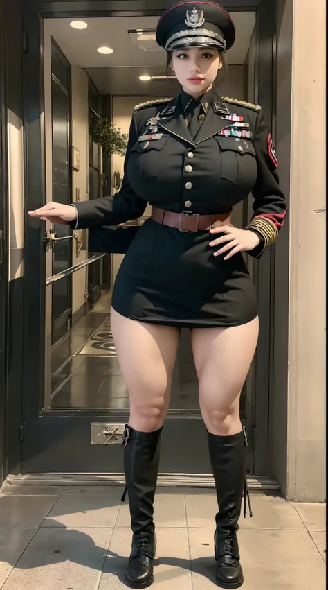 physically-based rendering, 1girl, Female soldier, (huge fake breasts:1.2), (street city), sexy muscular body, slim waist, big buttocks, (Full body:1.3), walking, skintight army skirt, (military uniform:1.3).