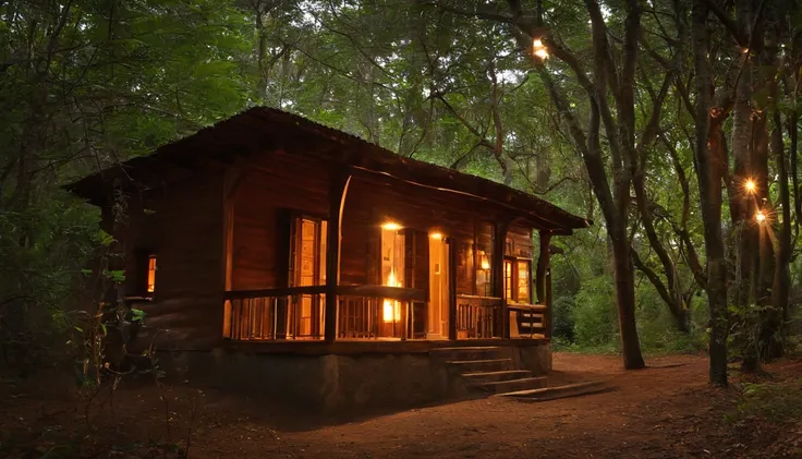 Imagine yourself in a rustic cabin in the heart of a dense, floresta tranquila. The room is large and the walls are made of sturdy wooden logs, cujos tons terrosos trazem consigo o aroma da natureza. Em um dos cantos do quarto, uma lareira de pedra emite u...