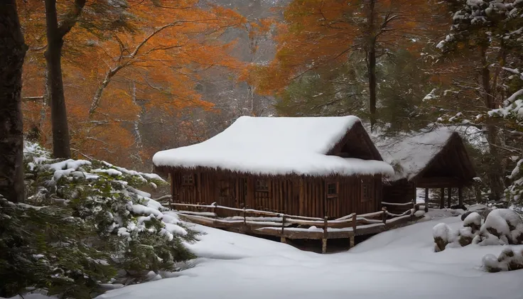 Imagine yourself in a rustic cabin in the heart of a dense, floresta tranquila. The room is large and the walls are made of sturdy wooden logs, cujos tons terrosos trazem consigo o aroma da natureza. Em um dos cantos do quarto, uma lareira de pedra emite u...