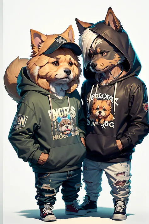 C4tt4stic,Wear trendy hip-hop clothes, Wearing a hoodie, Graphic t-shirt and ripped jeans cartoon of two cool and trendy dogs talking to each other、Dog breed Yorkshire Terrier（Detailed appearance of the Yorkshire Terrier）