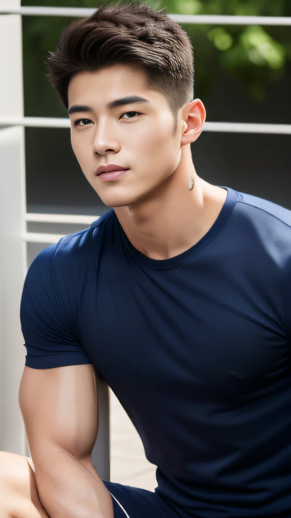 A handsome men ,20 age , Short Hair Hair, korea , Student， Clear focus: 1.2 , (((Wear a navy shirt....))), full body view,smile ,Pectoral muscles, Big arm muscles,  Big muscles, Wide shoulders ,athlete , Upper body (1), Its raining: 1.3, gym: 1.2, body dri...