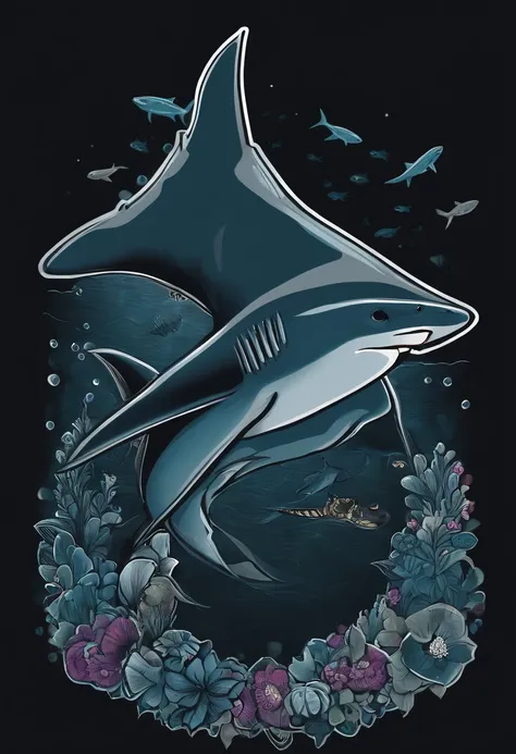 /imagine prompt: Shark illustration for a sticker with a black background, em negrito estilo de contorno, bordas irregulares, Lixo, sombreamento claro --v 5.2