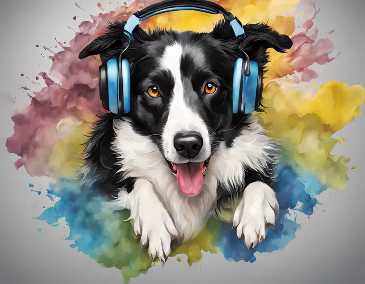 um cachorro border collie, pintura estilo 3d aquarela, dj dog listening to music, imagem completa, high resolution high contrast...