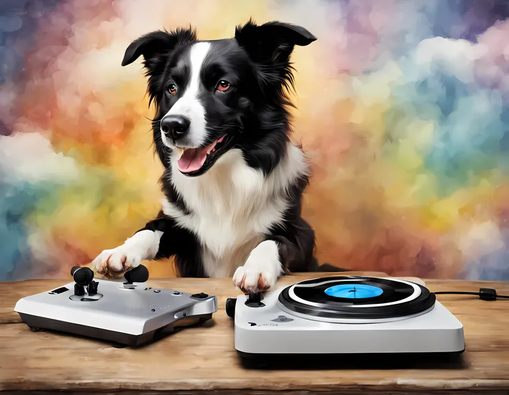 um cachorro border collie, pintura estilo 3d aquarela, dj dog listening to music, imagem completa, high resolution high contrast...