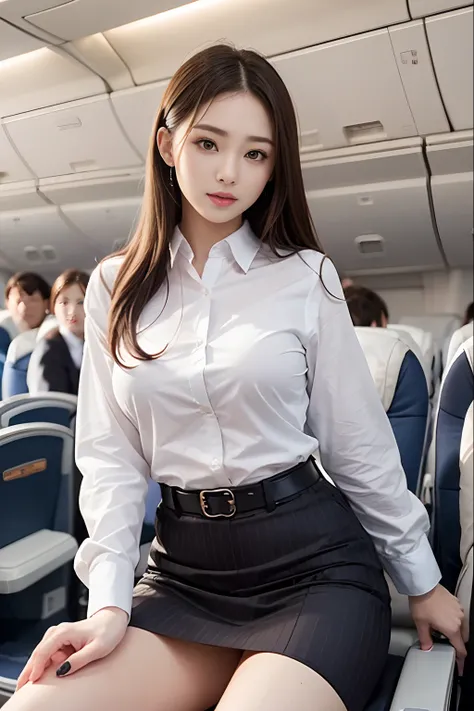 1womanl、(ultra beautiful faces:1.5)、Japan flight attendants、Clear pubic contours，spreads her legs、(Cabin Attendant Uniform)、Brown hair、white  panties、Passenger seat on airplane、At SFW、large full breasts、