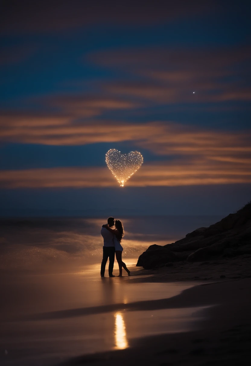 cinematic images，Romantic couple kissing in the wind，Menino de cabelos azuis，Menina com cabelo cor-de-rosa，estrelas brilhantes，efeitos de brilho，Heart-shaped bubbles，a noite，Em um navio de cruzeiro，The face is clear and precise，detalhe no rosto，super-fino，...