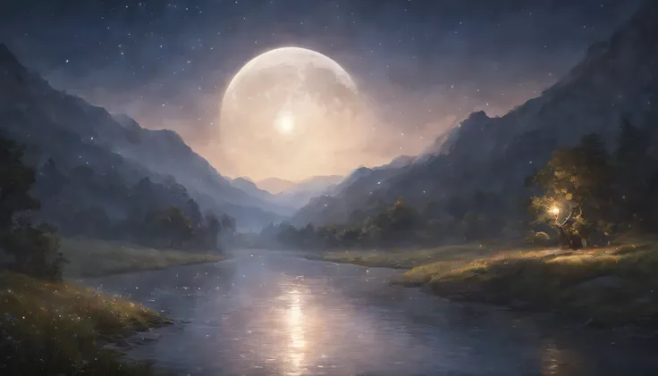 A painting of a river with stars and moon in the sky, concept art inspired by Tosa Mitsuoki, pixiv contest winner, best quality, fantasy art, beautiful anime scene, a bright moon, moonlit starry environment, dream painting, Anime Background Art, Fantasy La...