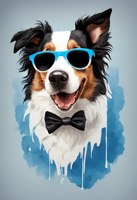 um cachorro border collie, pintura estilo 3d aquarela, dog wearing blue dj glasses, collie dog wearing a pair of glasses , image...