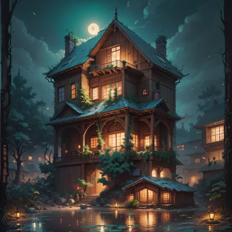 painting of a house with a reflection in a pond at night, Dan Mumford Tom Bagshaw, El Bosco e Dan Mumford, Studio Ghibli e Dan Mumford, No estilo Dan Mumford obra de arte, Highly detailed illustration, Dan Mumford e Thomas Kinkade, No estilo de arte de Dan...