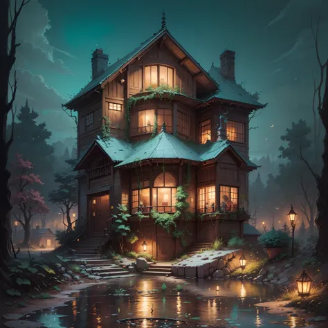 painting of a house with a reflection in a pond at night, dan mumford tom bagshaw, el bosco e dan mumford, studio ghibli e dan m...