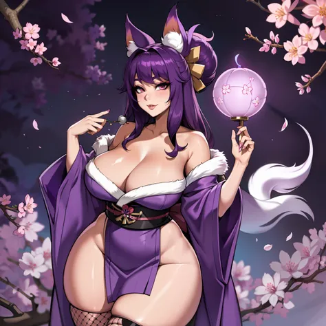 Curvy purple haired 9 tailed kitsune wearing fur lined robe and cherry blossom kimono, wearing thigh high fishnets (ALONE)(SOLO), alone, solo