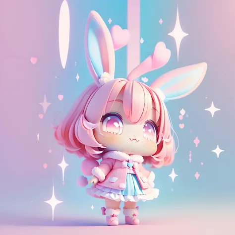 (tchibi, Kawaii Tech, kawaii, Cute, Pastel colors, Best Quality, Happy rabbit ears, Pink hair, Pink eyes)