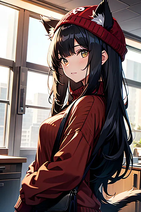 Female, Adult, Long Black Hair, Cat ears, Cat Tail, Blue Beanie, Dark Red Sweater