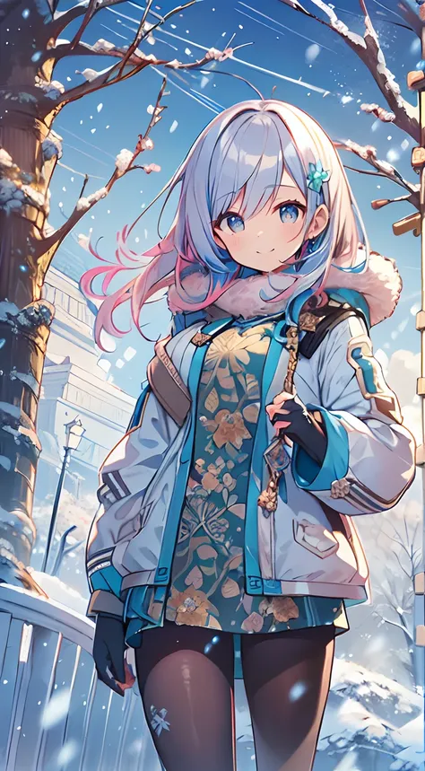 masutepiece, Best Quality,Illustration, Wallpaper, ultra -detail, Absurd beauty, 1beautiful girl、Bright hair color、Glitter and big eyes、Hair fluttering in the wind、ample breasts、♡、Smaller head、Winter scene、miscievous smile、Angle seen from a distance