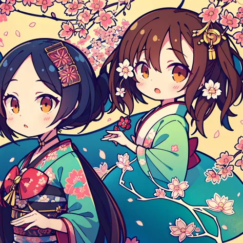 (2 girls) The cutest geisha girls, wearing the most beautiful and highly detailed kimonos, tattoos and piercings, finely detailed graffiti background, cherry blossoms blowing in the wind, perfect masterpiece, high quality, high resolution