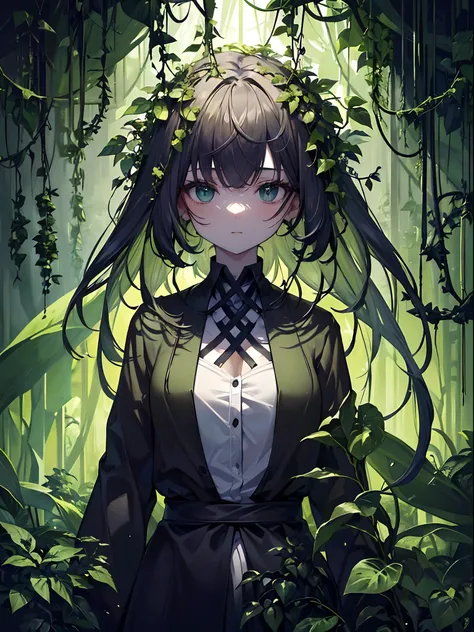 (Masterpiece, Best quality, ultra high resolution),1girl,(plant girl, vines),beautiful and detailed face, detailed eyes, white shirt,cardigan,((black plants,black vines)),(grey and dark green theme),in a dark cave full of plants,plants, mutant plants, magi...