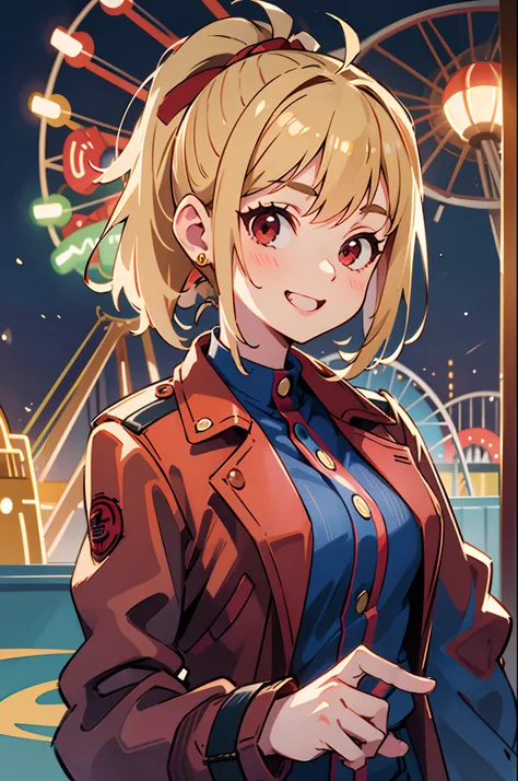 Beautuful Women、 Young handsome girl, small tits, Blonde Hair Ponytail、Red Eyes:1.2, Sexy Girl, professional attire:1.3, 18 years old: 1.1, Detailed Red Riders Jacket:1.2、Blue collar shirt, Skinny denim pants:1.2, Leather boots, Beautiful detailed skin, Cu...