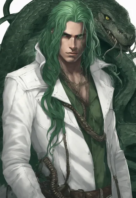 A handsome man with long dark green hair、Green eyes，The expression is cold，A poisonous snake wrapped around his neck，viciousness，unholy，badass，Wearing delicate white clothes，Full body like。