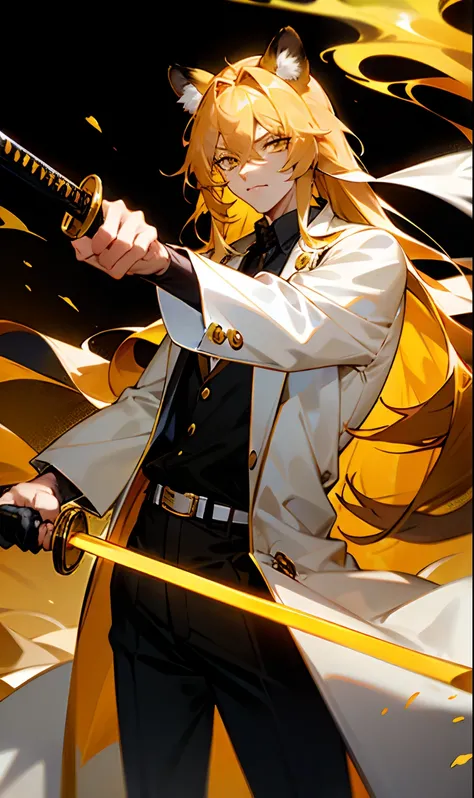 Boy with long thick golden hair with tiger ears on golden head and golden tiger cda while and is wearing a white overcoat and a black blouse underneath and has water around him while holding his katana with his left hand and his fully golden eyes