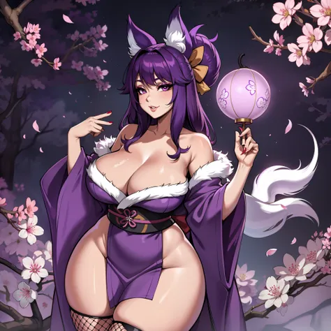 Curvy purple haired 9 tailed kitsune wearing fur lined robe and cherry blossom kimono, wearing thigh high fishnets (ALONE)(SOLO), alone, solo