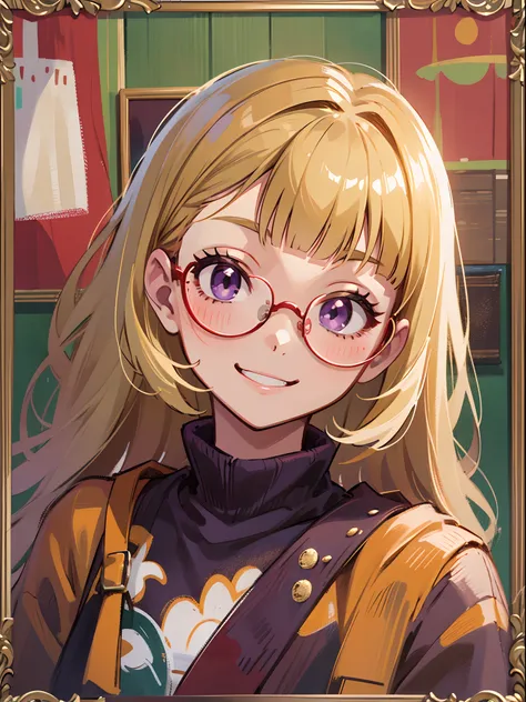 Single Portrait, infp young woman, Smile, Impression, (Oil Painting), Green and orange tones、a blond、Blunt bangs、Straight hair, Hair pulled back、Purple eyes、((Red Frame Glasses)):1.5、Onepiece、Long sleeves、A slight smil、