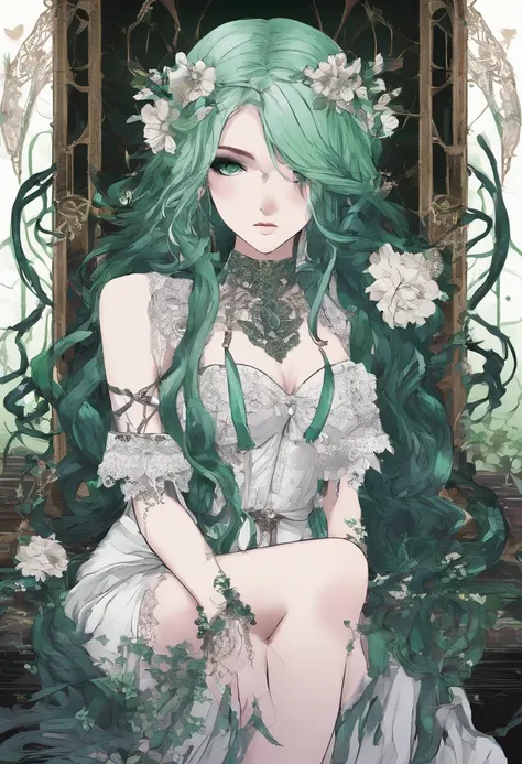 A beautiful woman with long dark green hair、Green eyes，The expression is cold，A poisonous snake wrapped around his neck，viciousness，unholy，badass，Wearing white delicate religious clothes，In the middle of the wilderness，Full body like。