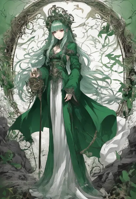 A beautiful woman with long dark green hair、Green eyes，The expression is cold，A poisonous snake wrapped around his neck，viciousness，unholy，badass，Wearing white delicate religious clothes，In the middle of the wilderness，Full body like。