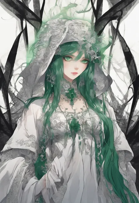 A beautiful woman with long dark green hair、Green eyes，The expression is cold，A poisonous snake wrapped around his neck，viciousness，unholy，badass，Wearing white delicate religious clothes，In the middle of the wilderness，Full body like。