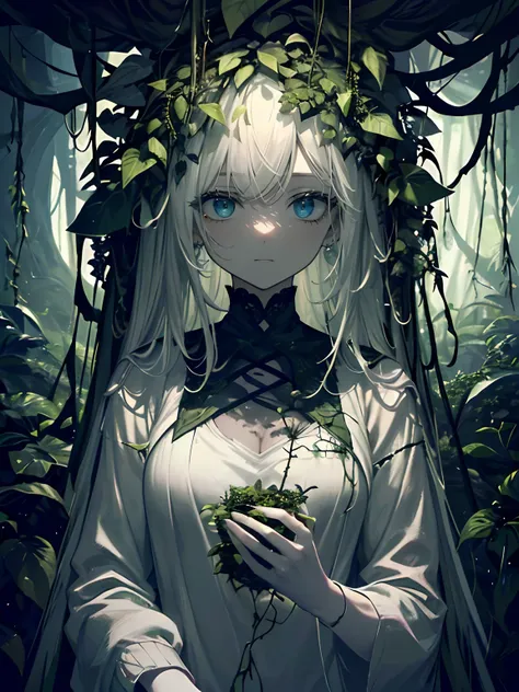 (Masterpiece, Best quality, ultra high resolution),1girl,(plant girl, vines),beautiful and detailed face, detailed eyes, white shirt,cardigan,((black plants,black vines)),(grey and dark green theme),in a dark cave full of plants,plants, mutant plants, magi...