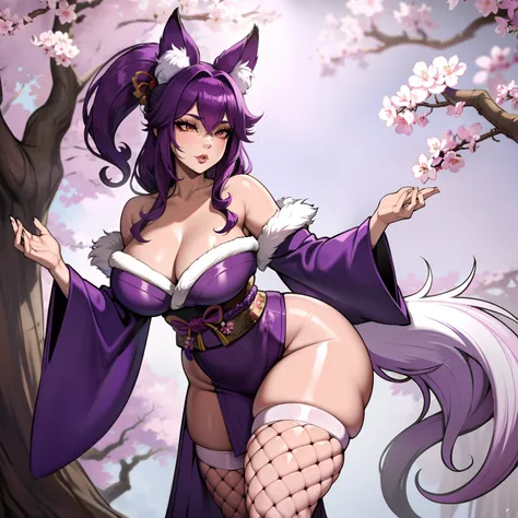 Curvy purple haired 9 tailed kitsune wearing fur lined robe and cherry blossom kimono, wearing thigh high fishnets (ALONE)(SOLO), alone, solo