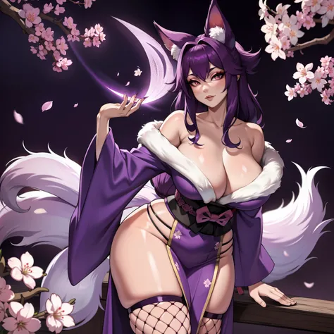 Curvy purple haired 9 tailed kitsune wearing fur lined robe and cherry blossom kimono, wearing thigh high fishnets (ALONE)(SOLO), alone, solo