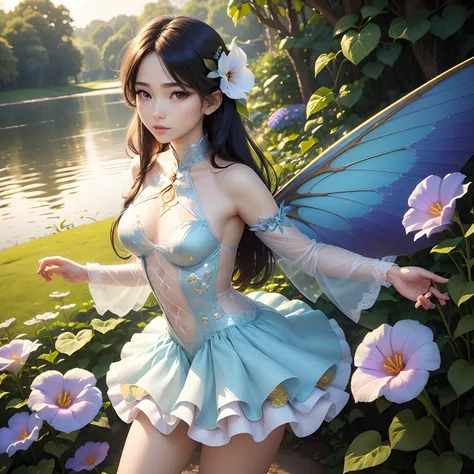 (Best Quality,Ultra-detailed,Realistic:1.37)、Morning glory fairy、An 18-year-old woman、独奏、Anthropomorphic morning glory、(Clear eyes:1.5)、Bewitching look、Fairy with wings、(Flashy clothes with morning glory motifs:1.5、Emphasis on the characteristics of mornin...