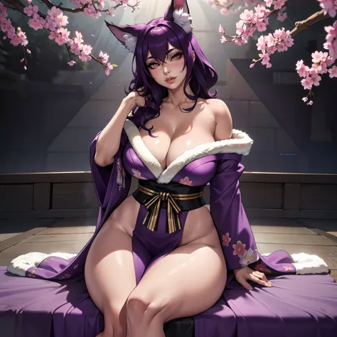 curvy,purple-haired,9-tailed kitsune,fur-lined robe,cherry blossom kimono,thigh-high fishnets,alone,solo,(best quality,4k,8k,highres,masterpiece:1.2),ultra-detailed,(realistic,photorealistic,photo-realistic:1.37),HDR,UHD,studio lighting,sharp focus,physica...