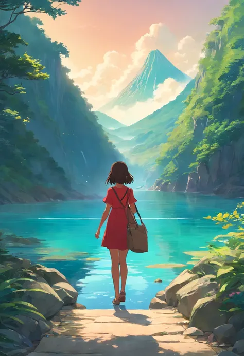 Brown girl in red dress with a bag and back and a huge frog of her size has her right on a wonderful beautiful path leading to a turquoise blue water lagoon of mountain casquade