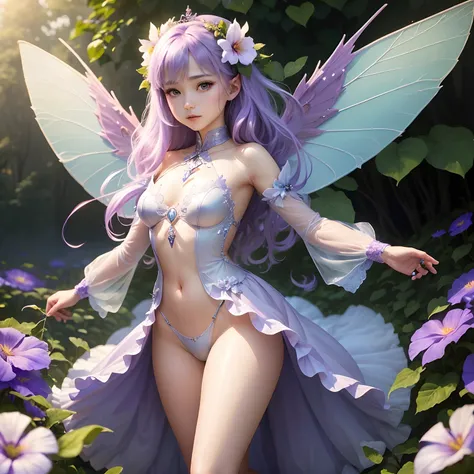 (Best Quality,Ultra-detailed,Realistic:1.37)、Morning glory fairy、An 18-year-old woman、独奏、Anthropomorphic morning glory、(Clear eyes:1.5)、Bewitching look、light purple hair、Fairy with wings、(Flashy clothes with morning glory motifs:1.5、Emphasis on the charact...