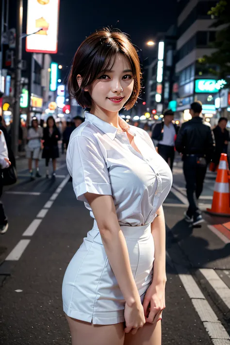 1girl, mature, light smile, big breasts, short hair, white shirts, mini skirt, Tokyo street, night, cityscape, city lights, cowboy shot, 8k, RAW photo, best quality, masterpiece, realistic, photo-realistic