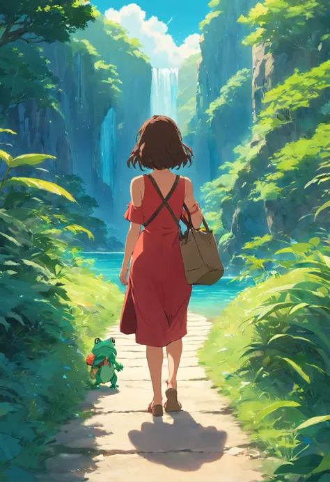 Brown girl in red dress with a bag and back and a huge frog of her size has her right on a wonderful beautiful path leading to a turquoise blue water lagoon of mountain casquade