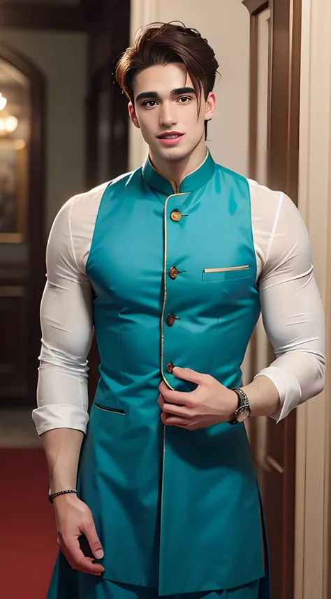 (((Men only))), ((head shot)), (Pietro Boselli), ((wearing turquoise blue Indian traditional clothing)), (Kurta Pajama, Sherwani Kurta, Dhoti, Bandhgala Suit), ((Handsome muscular man in his 20s)), (Big smile), (detaile: 1 in 1), Natural muscles, HIG quali...