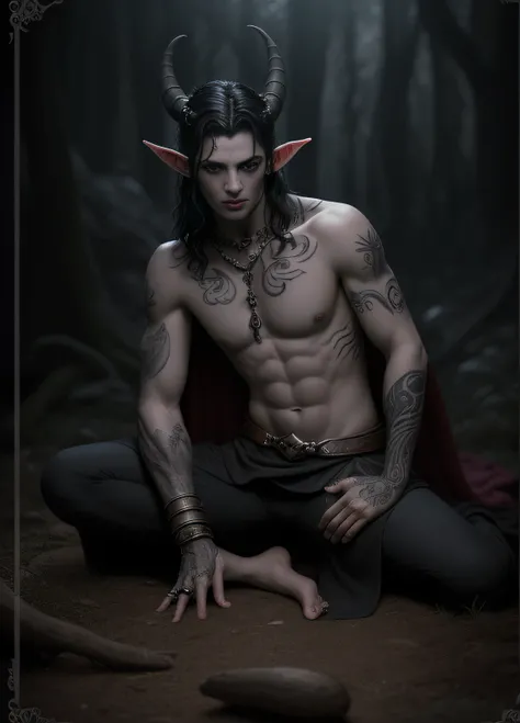 Foto RAW 8K, fotorrealista, film grain noise, soft cinematic light, Luz de llanta, mirando al espectador, Hiqcgbody, Focus, Estilo Tom BagshawUn primer plano, Pale-skinned male elf Arafed with black hair and tattoos sitting on the ground, sus manos tienen ...