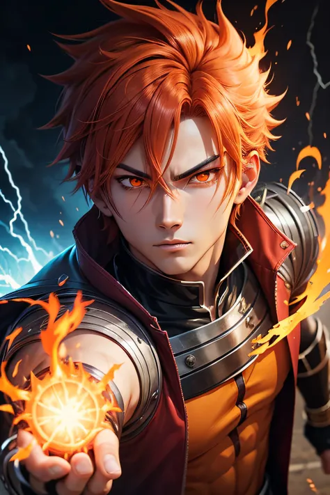 male anime character with fire and thunder power gazed to the camera