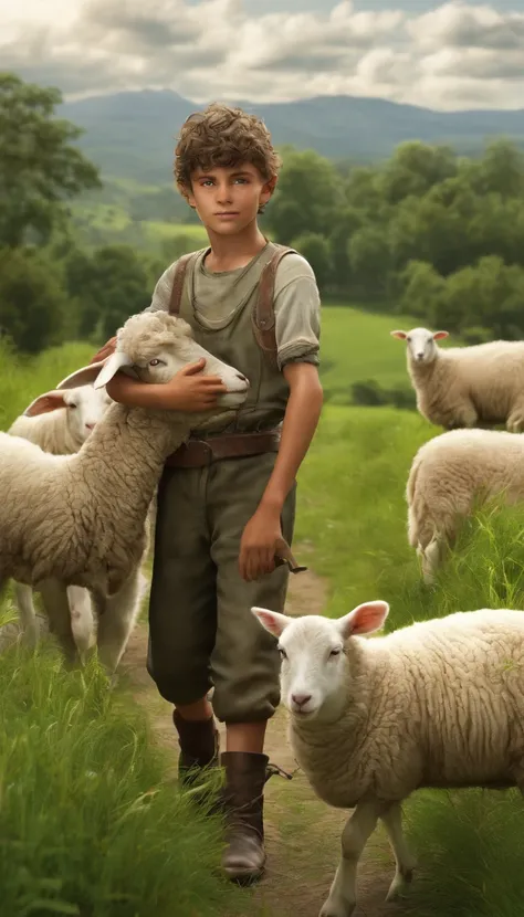 Illustrate David as a young shepherd boy tending to his sheep in a lush green field. Make sure to capture his kindness and musical talent.