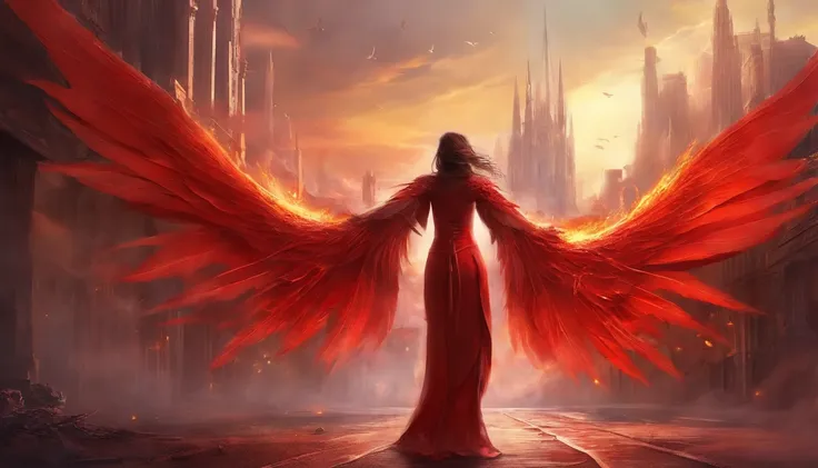 Sexy red evil fallen angel woman with huge wings in apocalyptic city in flame of hell --auto --s2