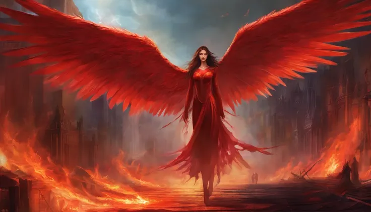 Sexy red evil fallen angel woman with huge wings in apocalyptic city in flame of hell --auto --s2